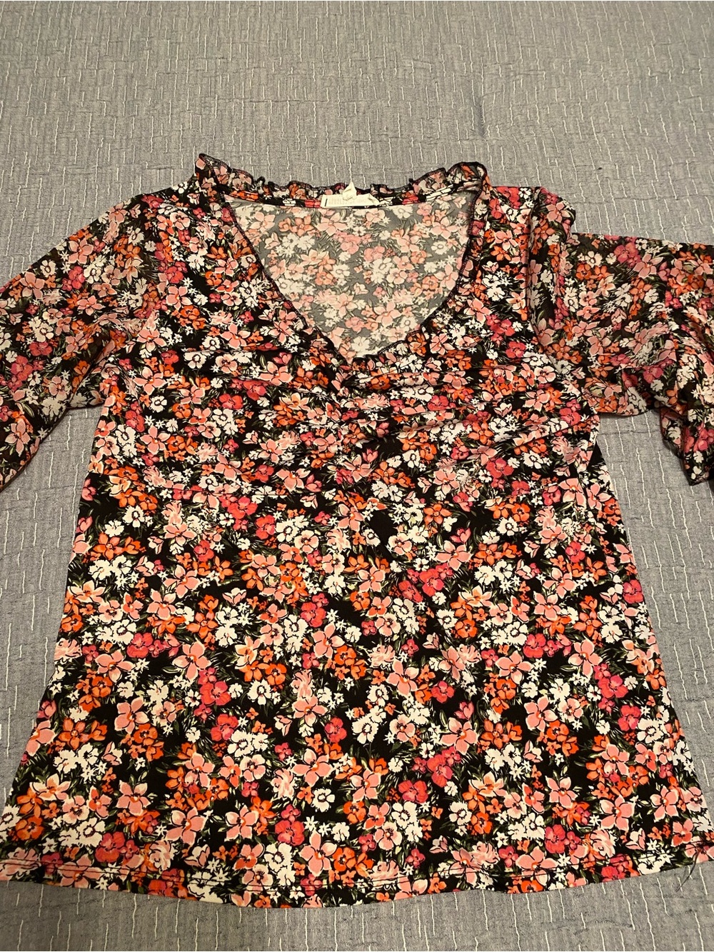 PerSeption Concept Black Floral V-Neck Top with Pink & Orange Blooms